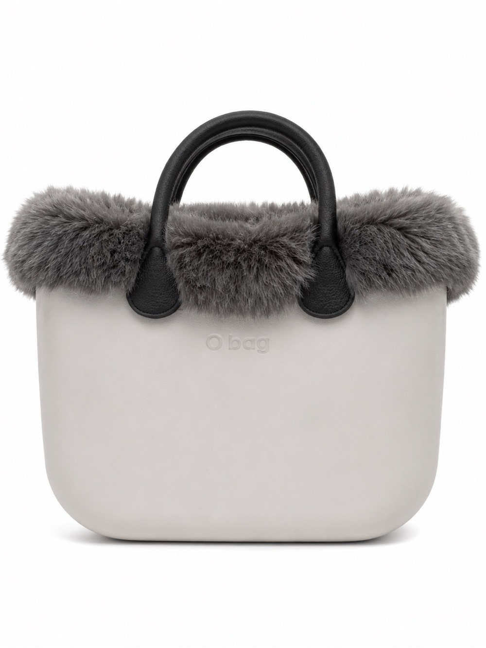 O Bag Mini Italy Modular Tote Gray Faux Fur Black Handles